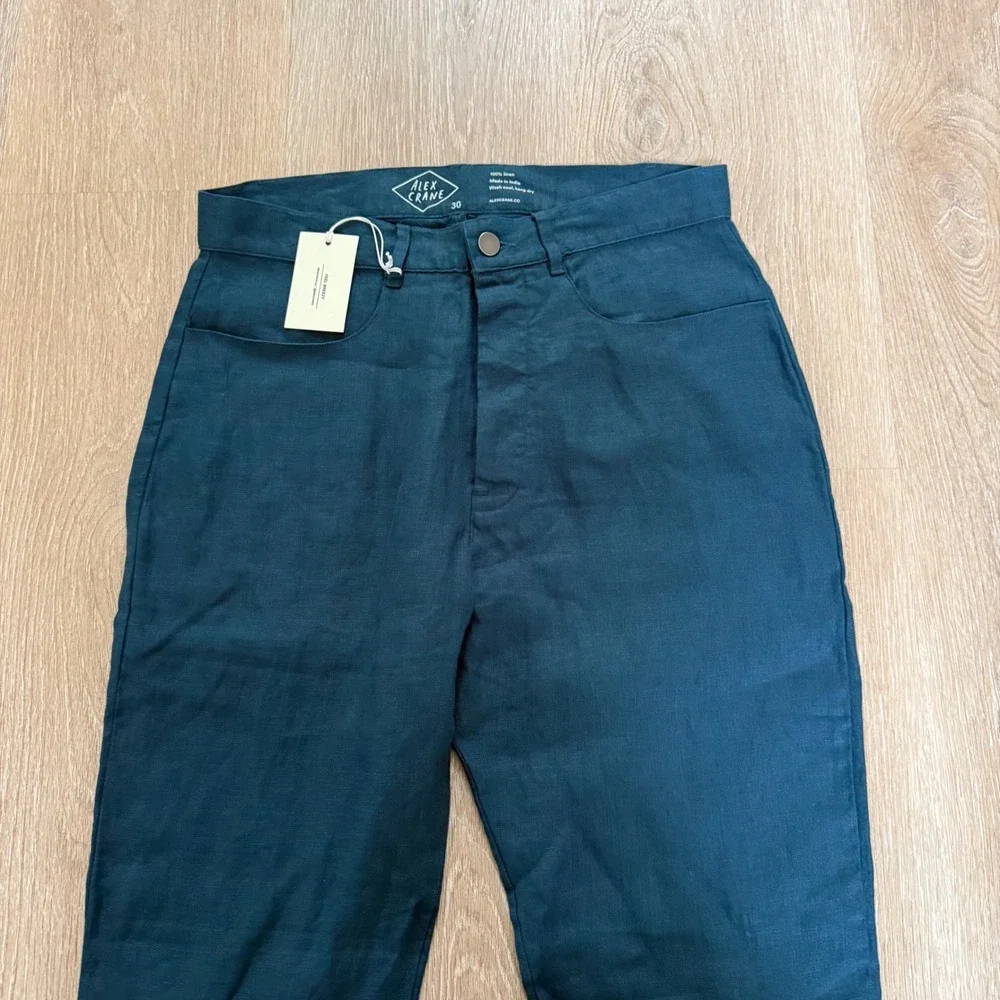 Alex Crane Cham Linen Pants Mens 30 Dark Teal Blue Green Straight Leg Button Fly